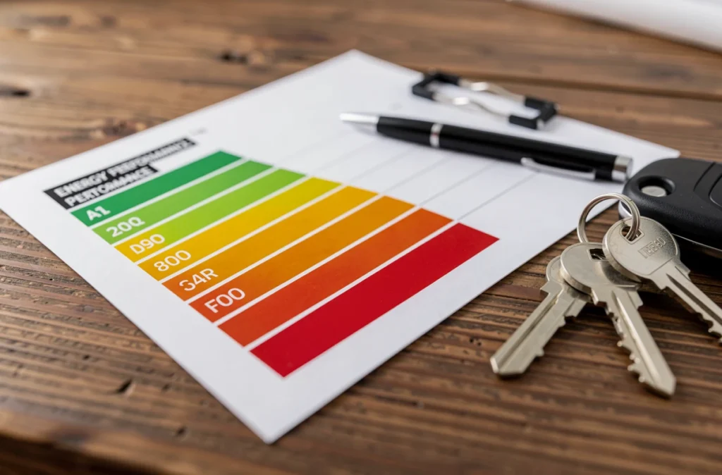 Étiquette énergie colorée posée sur une table avec des clés