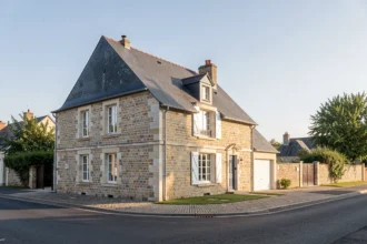 Maison individuelle avec toiture en ardoises vue depuis la rue
